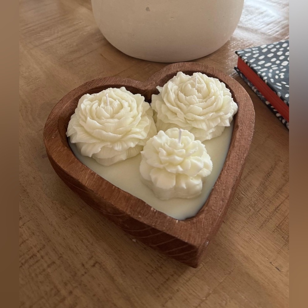 Heart-Shaped Wooden Tray with Cream Handmade Floral Candles